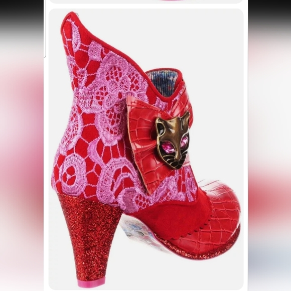 ✨RED & PINK LACE & GLITTER MIAOW IRREGULAR CHOICE ANKLE BOOTS size 43, US 10/11✨ - Picture 4 of 12